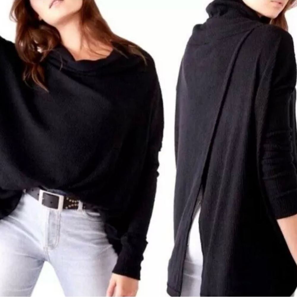 Free People NEW Womens Sweater Size S Juicy Black Cowl Neck Tunic Top Split Back